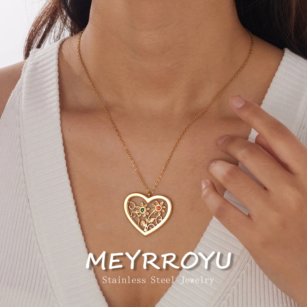 MEYRROYU 316L Stainless Steel Golden Hollow Out Heart Flower Inlay Colored Rhinestones Lady Fashion Waterproof Neck Chain Jewelr
