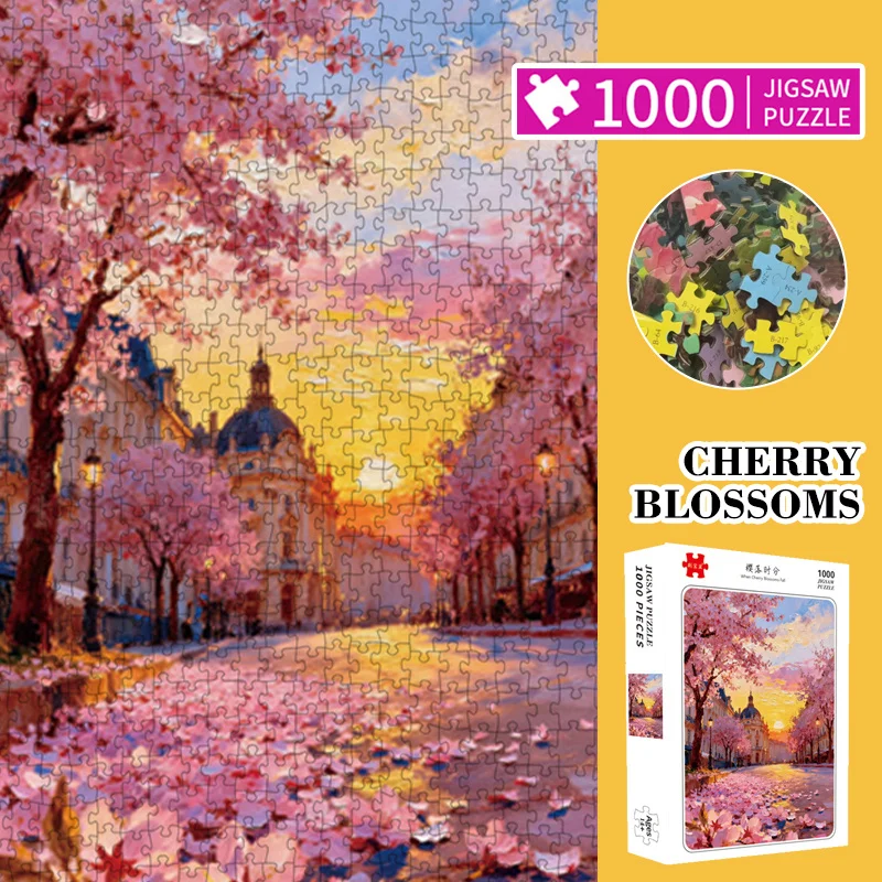 Velvet Soft Touch Jigsaw Puzzle 1000pcs, 2.2mm Thick Cherry Blossom Falling Scenery Pattern