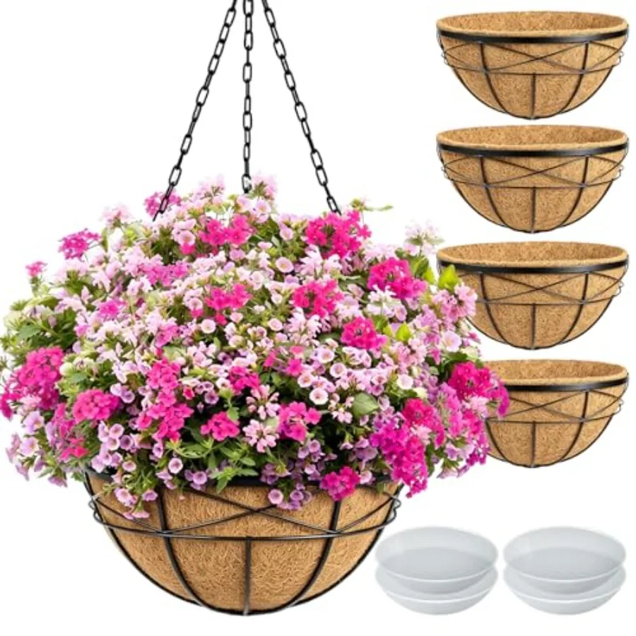 Outdoor metal wire hanging planters, 16 inch, black, rust-resistant finish, deep design with coco liner plastic saucer for porc