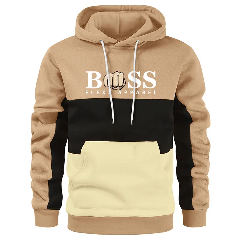 2023 Cross border New Sweater Hoodie Autumn/Winter Fleece Spliced Casual Sports Coat Trendy Label Printed Sweater for Men