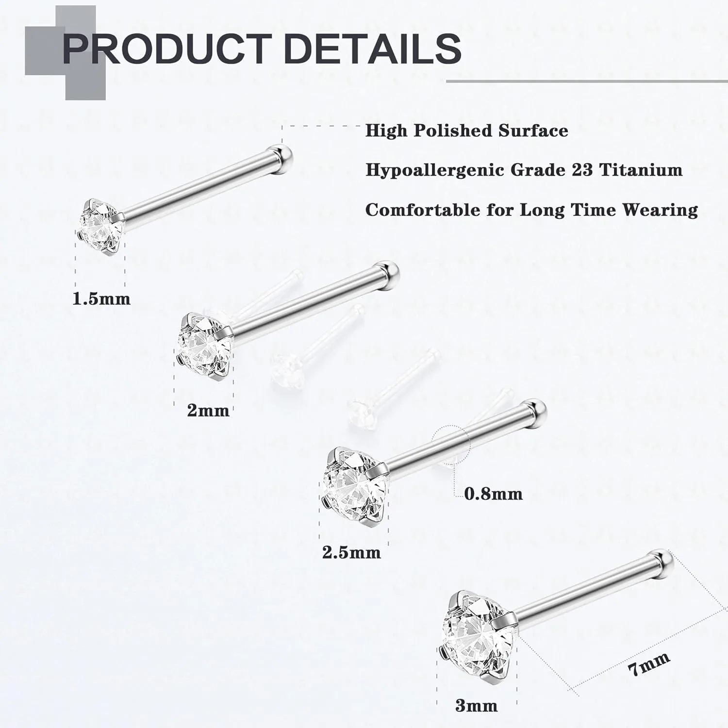 Bobisty 4Pcs G23 Titanium Nose Rings  20G Straight  Clear CZ Nose Studs Hypoallergenic Nostril Piercing Jewelry for Women Men