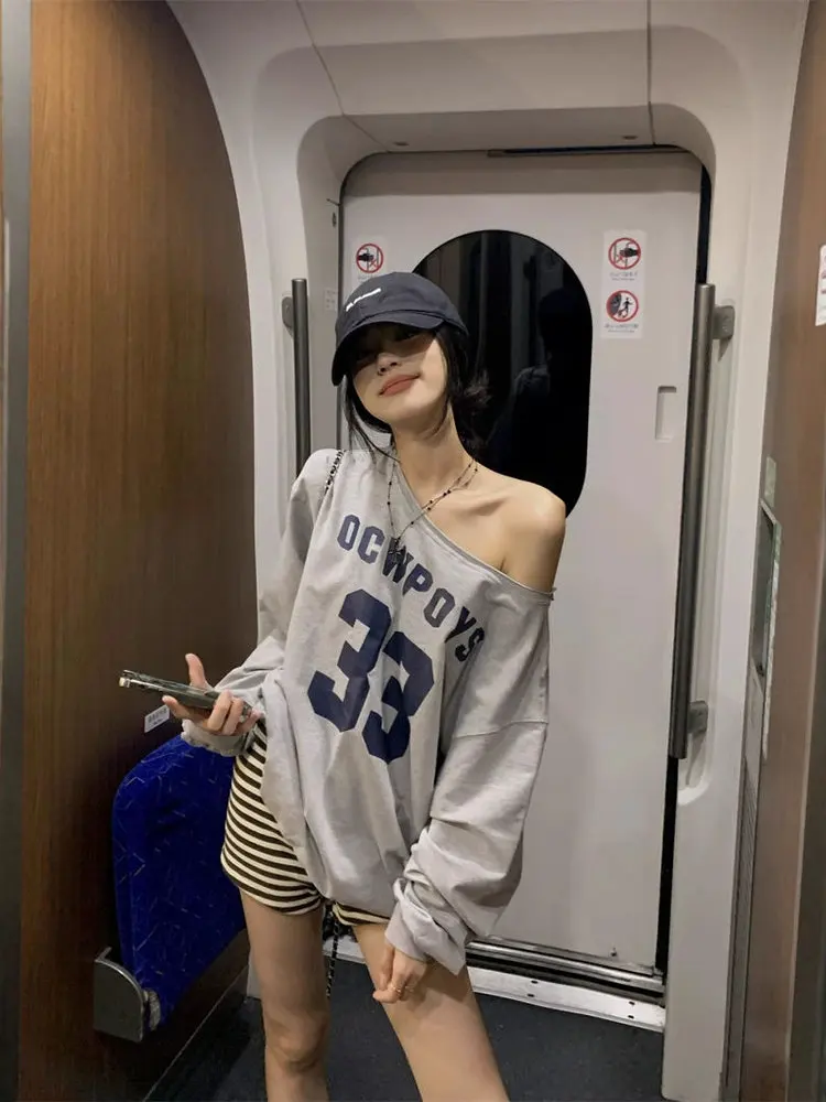 

Retro American Letter Print Asymmetrical oulder Hoodie Women's Autumn Design Spicy Girl Casual Loose Long Sve Top