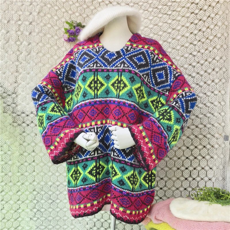 Women Thick Chunky Knit Fair Isle Sweater Multicolor Geometric Pattern V-Neck Outwear Loose Pullover Long Sleeve Winter Jumper