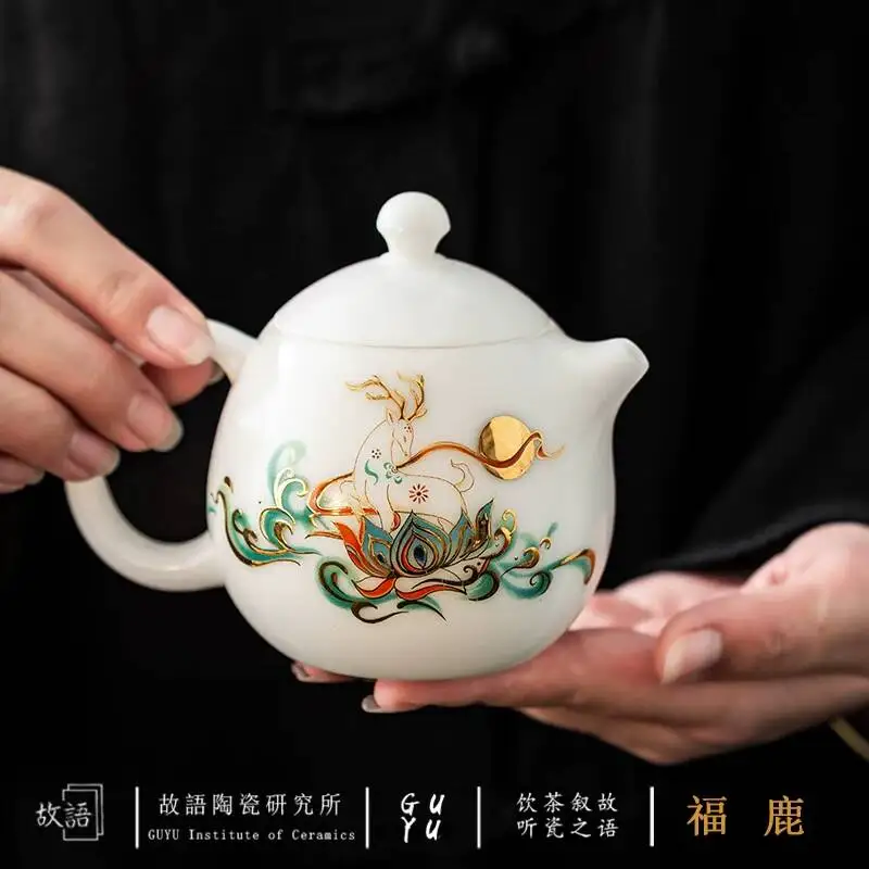 Dunhuang Nine-Color Deer Ice Jade Porcelain Teapot For Home Use, Brewing Pot, Kung Fu Tea Set, Chinese White High-End Gift