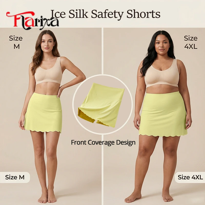 Flarixa Plus Size Ice Silk Safety Shorts für Damen, M-4XL, hohe Taille, Bauchkontrolle, Vorderabdeckung, Anti-Scheuer-Hose unter dem Kleid