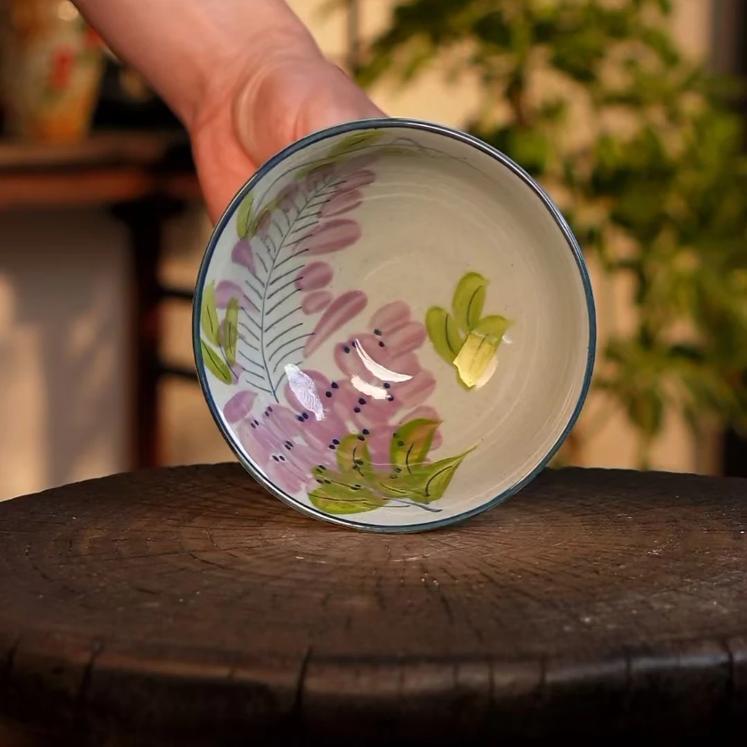 Wood-fired Quality High Temperature Underglaze Color Master Interior and Exterior Hand-painted Wisteria 5 Inch Yuanbao Bowl