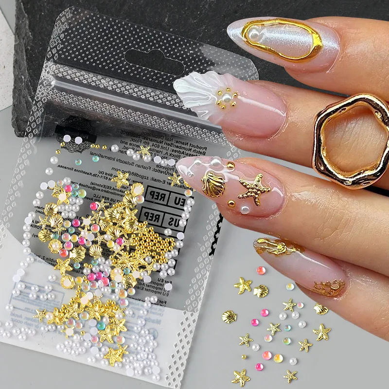 1Pack Summer Beach Nail Charms Gold Metallic Shells Starfish Ocean Nail Rivets Studs 3D Pearl Mermaid Beads Nail Art Decoration