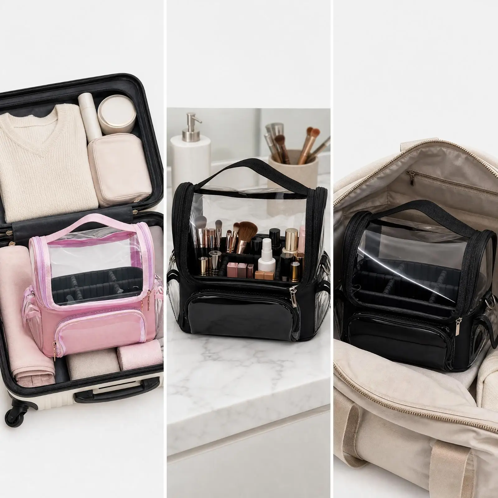 PU Travel Toiletry Pouch Cosmetic Organizer with Adjustable Divider Clear View Storage Bag