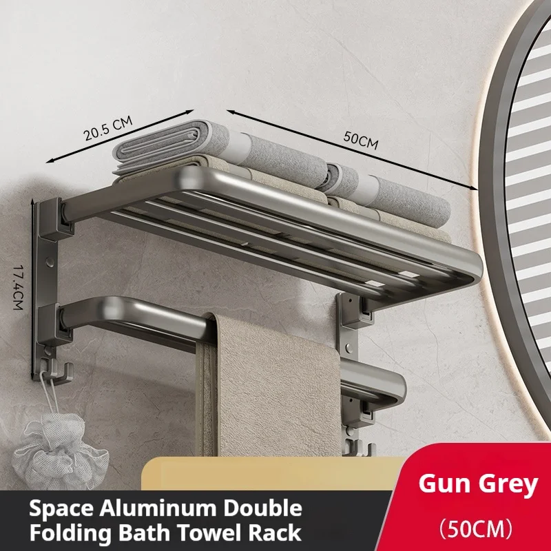 1pcs Gun Grey 50CM Folding Holder With Hook Towel Holder Wall Mount AluminumTowel Rack  Bathroom accessories