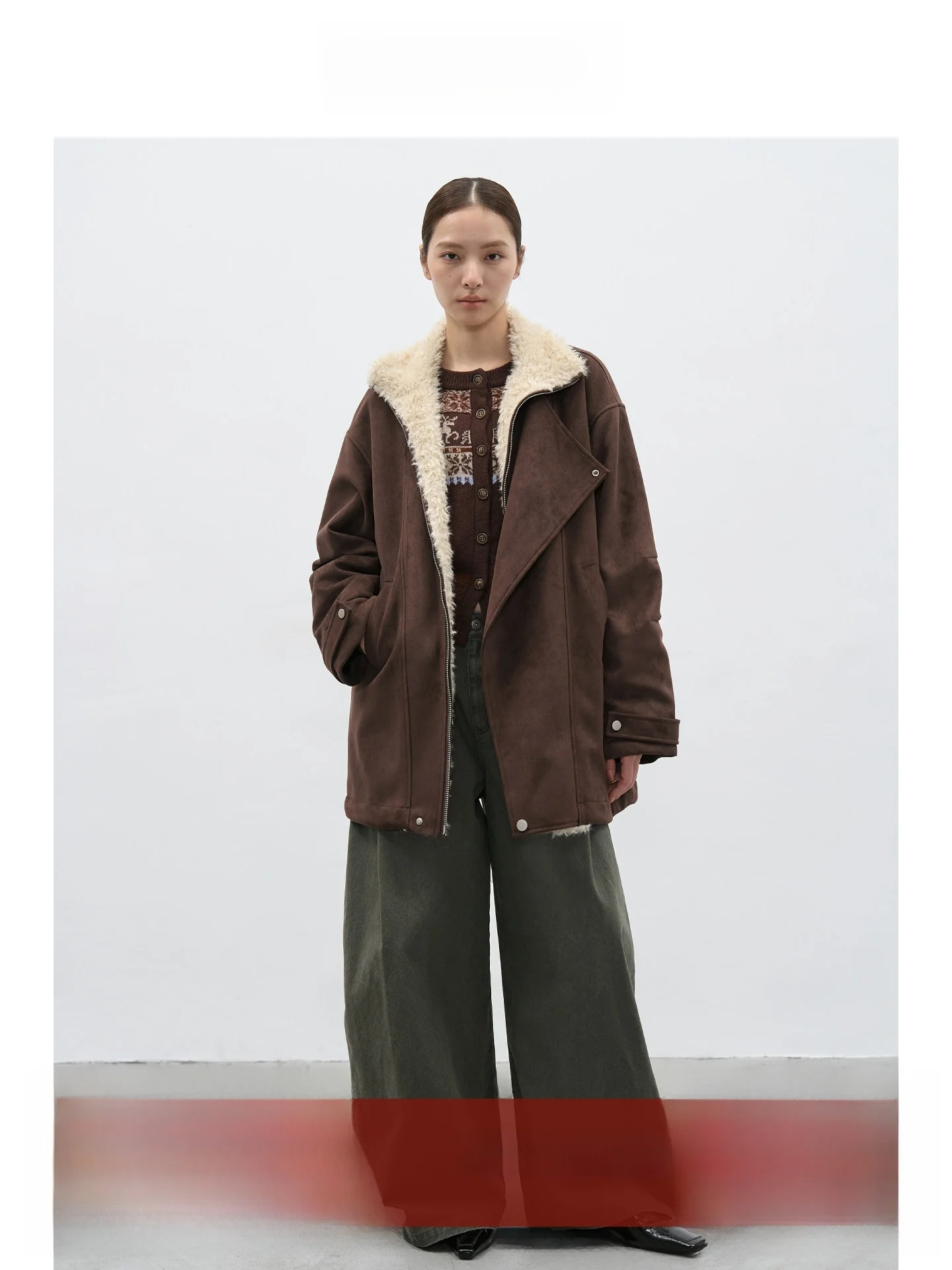 

EIGHTHMONTH Women's Suede Fur Coat Winter New Loose Warm Casual Sle Zipper Closure Long Sve Flip Collar Jaet