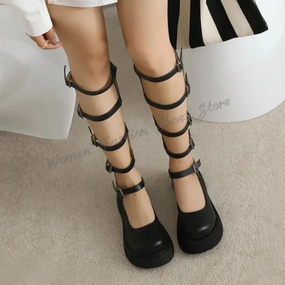 Back Zipper Cut Out Buckle Decor Boots Round Toe Matte Leather High Heel Shoes for Women Heels 2024 New Zapatos Para Mujere