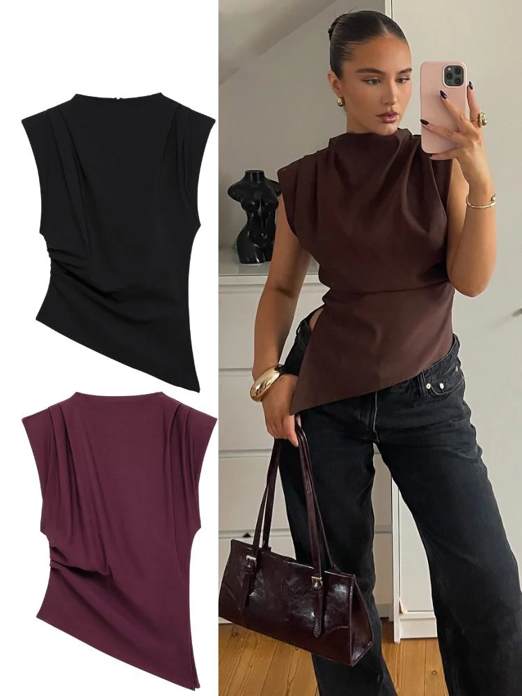 HH 2025 Vintage Women\'s Solid Asymmetric Slim Tops Female Fashion Zipper Sleeveless Cross Folds Top Lady Streetwear