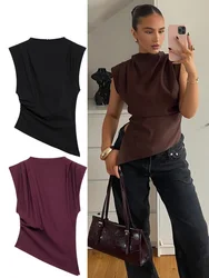 HH 2025 Vintage Women's Solid Asymmetric Slim Tops Female Fashion Zipper Sleeveless Cross Folds Top Lady Streetwear