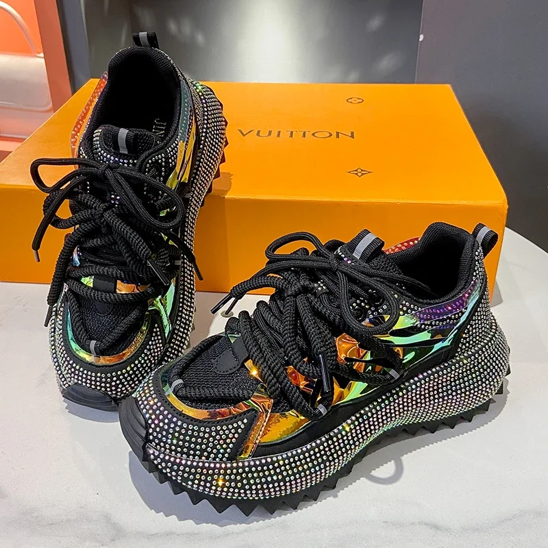 

Роскошные высокие туфли с бриллиантами на толстой подошве для женщин, повседневная модная спортивная обувь на шнуровке с перекрестной шнуровкой, дизайнерские кроссовки Zapatos