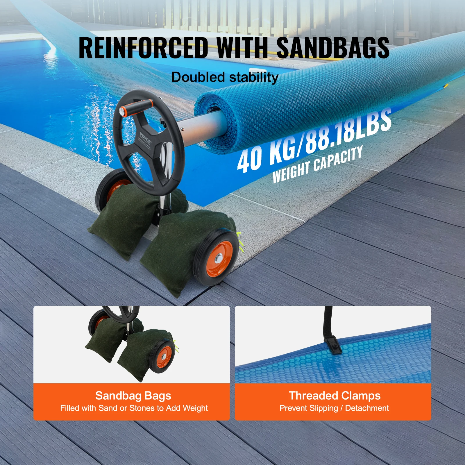 VEVOR 14/18/20/22 ft Pool Cover Reel Solar Inground Cover Aluminum Reel Set with Sandbags Fits for 3-14 ft Width Swimming Pools image 3