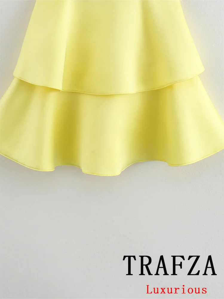 TRAFZA Vintage Casual Women Cami Dress Yellow Solid Hollow Out Ruffles Mini Vestidos Fashion 2024 Summer Party Dress