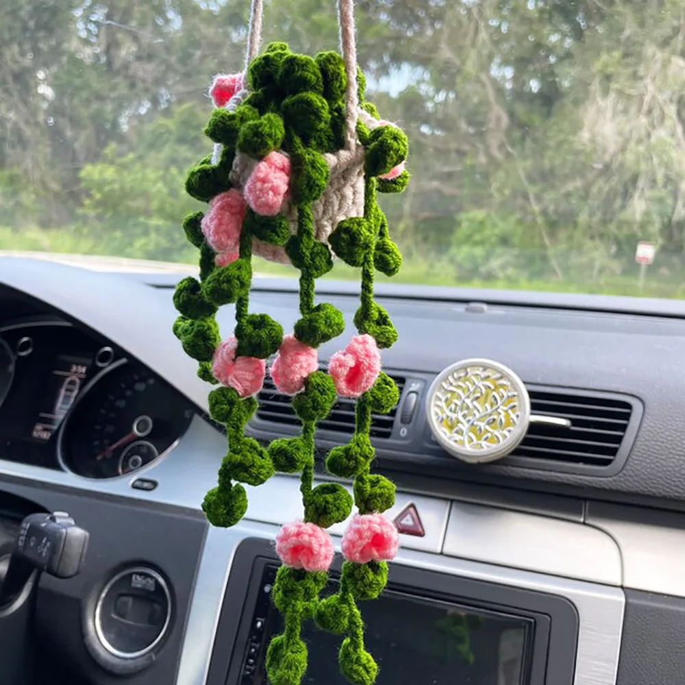 Handmade Cute Crochet Car Hanging Plant Rear view Mirror Plant Decoration Succulent Hanging Plant Car Accessory Gift