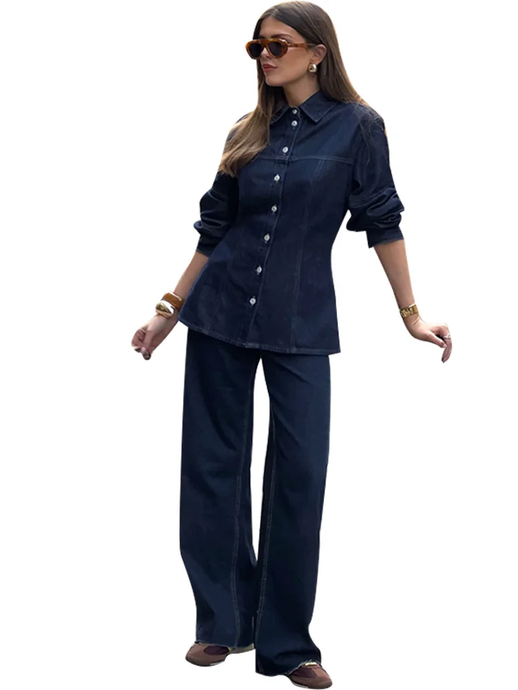 ผู้หญิงวินเทจ DENIM Halterneck เสื้อกั๊กกางเกงชุดแขนกุด DENIM ตรงลากกางเกงยีนส์ 2 ชิ้นชุด Baggy ชุด