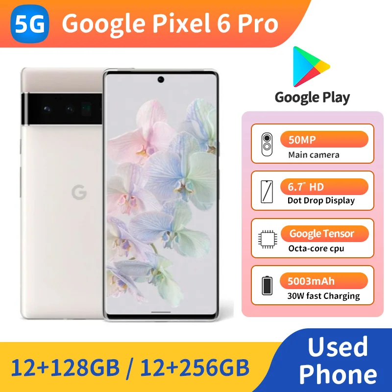 هاتف Google Pixel 6 Pro 5G الذكي بذاكرة وصول عشوائي 12 جيجابايت وذاكرة قراءة فقط 128 جيجابايت/256 جيجابايت وكاميرا 50 ميجابكسل وشاشة 6.7 بوصة هاتف مستعمل غير مقفول