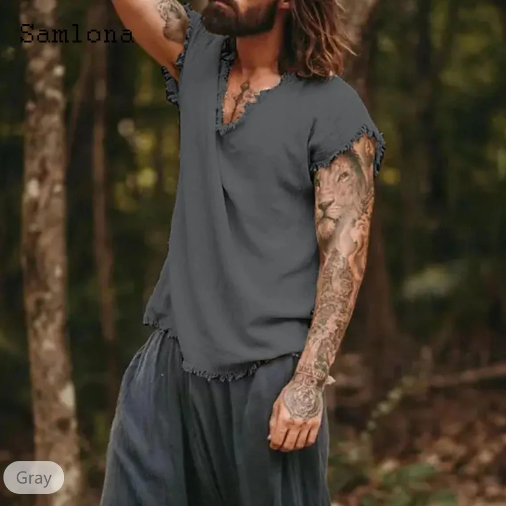 

Новинка 2024, пикантные потертые майки, Мужская Базовая кофта без рукавов с V-образным вырезом, мягкий пляжный жилет серого и белого цвета, мужские повседневные рубашки, пуловеры