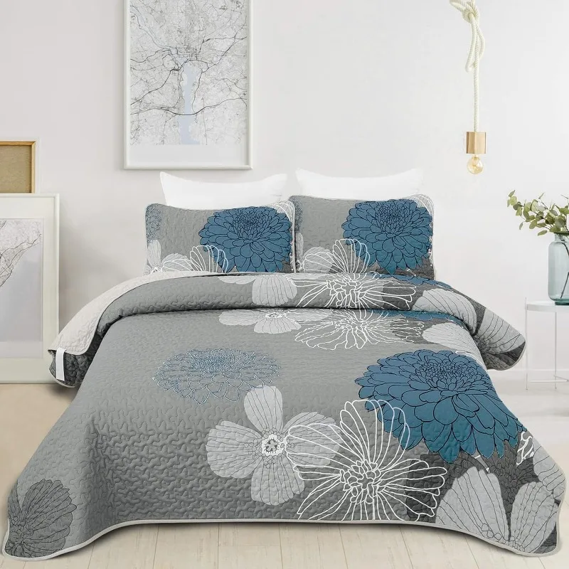 Floral  Quilt Set  Boho Bedspread 3 Pieces Soft Lightweight Coverlet with 2 Pillow Shams for All Season