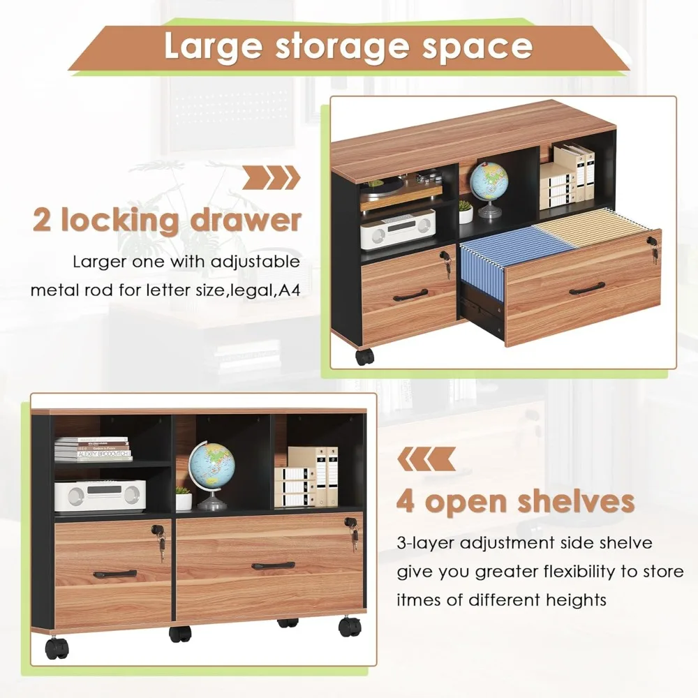 Semoic 2 Drawer File Cabinet for Home Office, Lockable Rolling Filing Cabinet with Adjustable Shelves, Wood Lateral File Cabinet