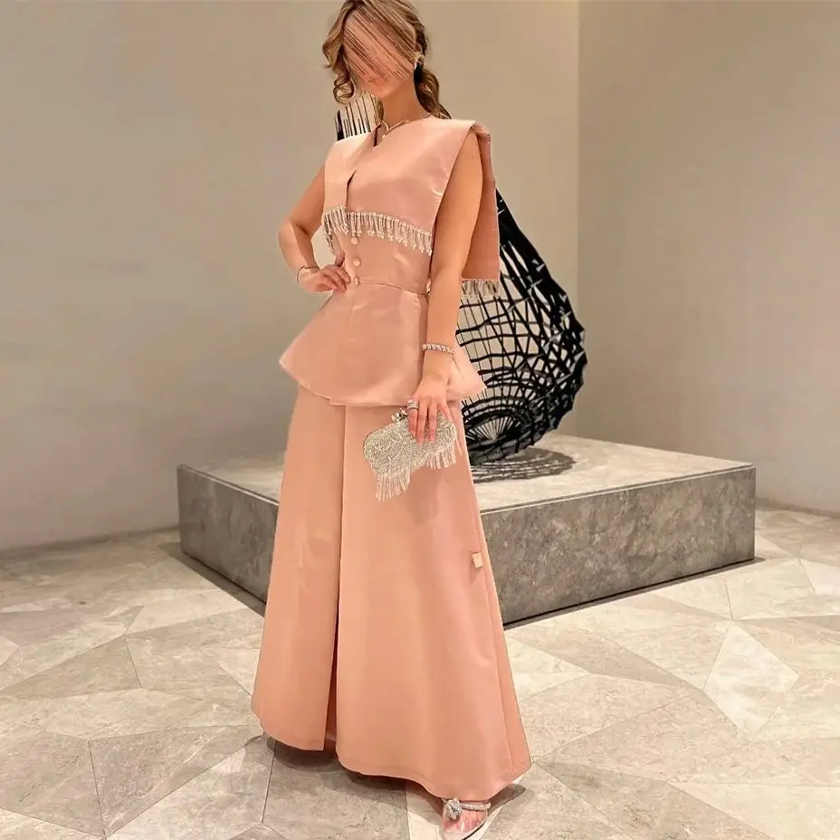 

Pink Girl Evening Dresses Tassel Rhinestone Satin Exquisite V-neck Prom Dress A-line Luxury Formal Occasion Wedding Party Gown