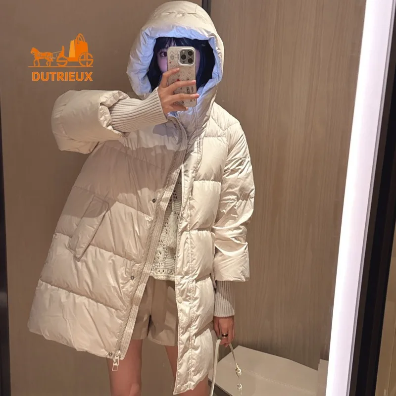 New Winter Down Jacket for Women 90% White Goose Down with Hood Down Jacket Mid-length Loose Version Warm Thickened for Women