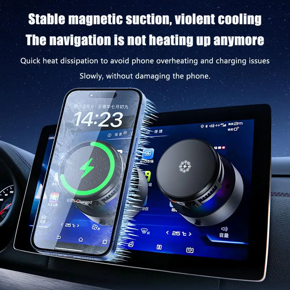 

Wireless charge 360°rotatable Vacuum car holder with RGB Semiconduct Radiator For magsafe magnetic car mount vacuum phone holder
