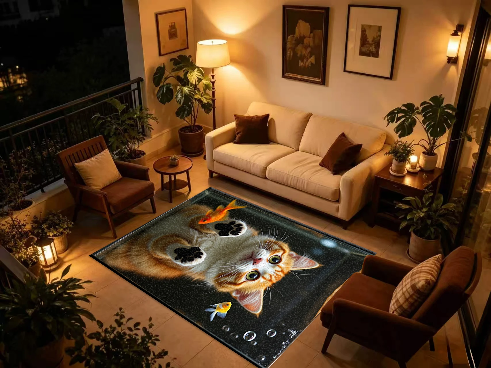 Cute Ginger Cat Goldfish Aquarium Carpet Flooring, Lovely Animal Non-Slip Area Rug for Bedroom Kids Room Home Floor Mat