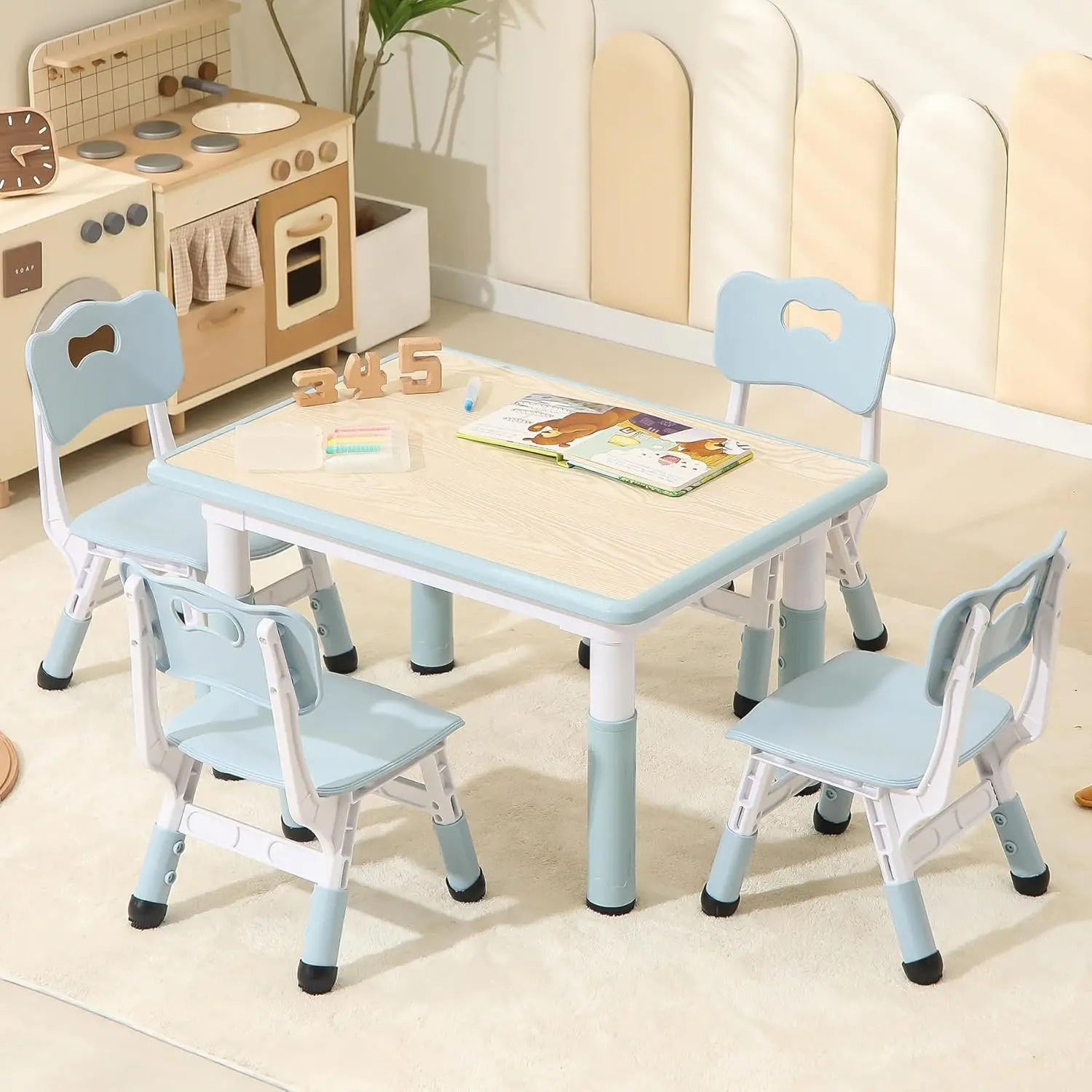 Table and Chairs, Kids Table and 4 Chairs Set with Graffiti Desktop, Height-Adjustable Kids Study Table for Boys and Gir