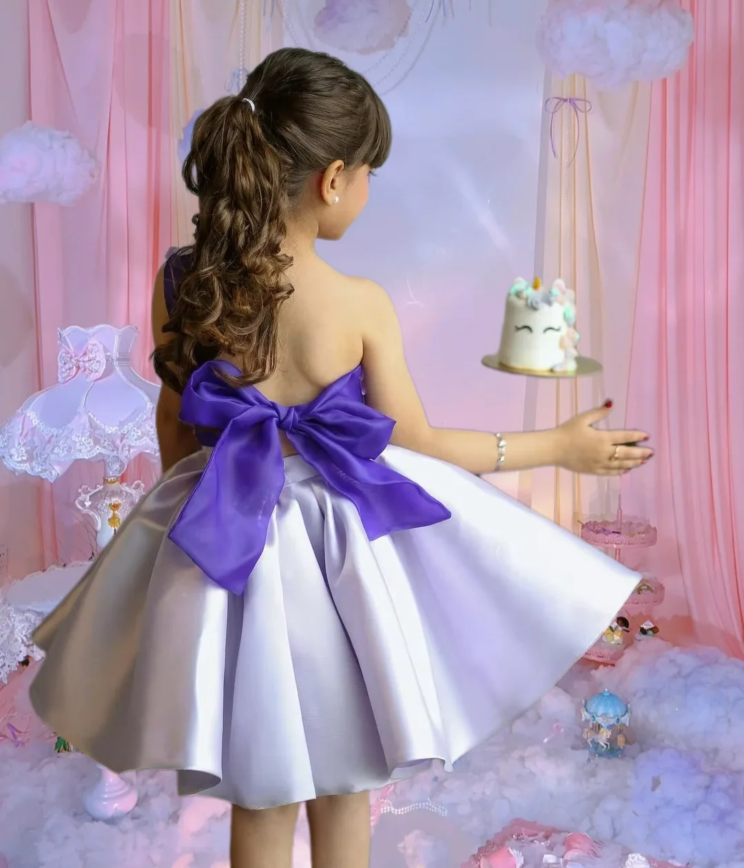 

Light Purple Flower Girl Dress For Wedding One Shoulder 3D Applique With Bow Kid Birthday Party First Communion Ball Gown Custom