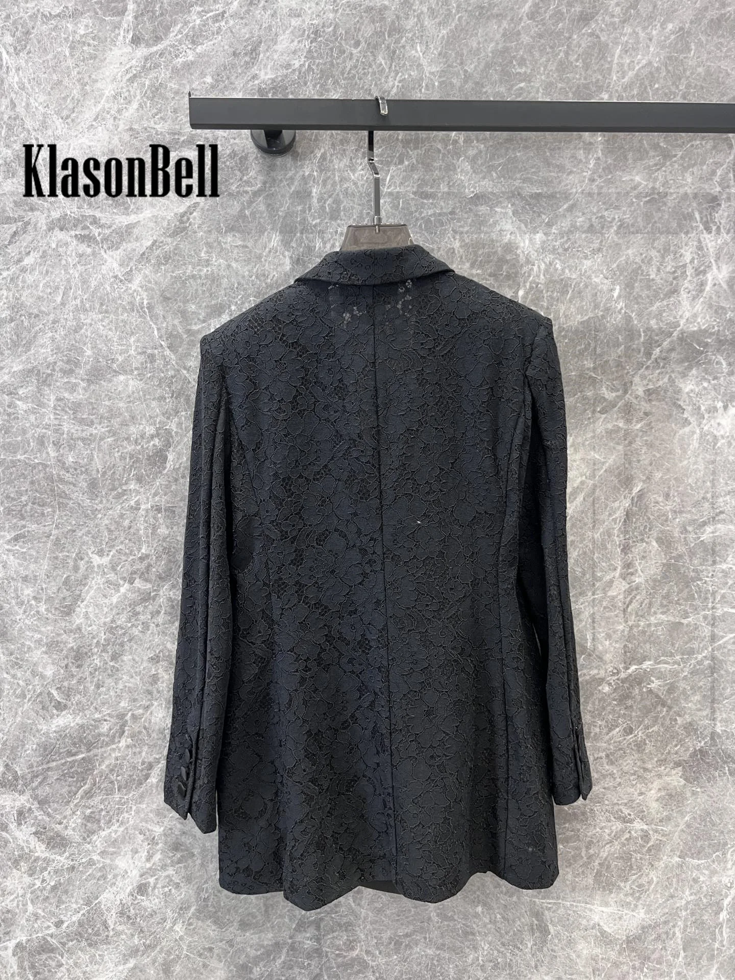 8.14 KlasonBell Women Celebrity Same Notched Collar Spliced Lace Print Midi Blazer Banquet All-match Double Breasted Jacket