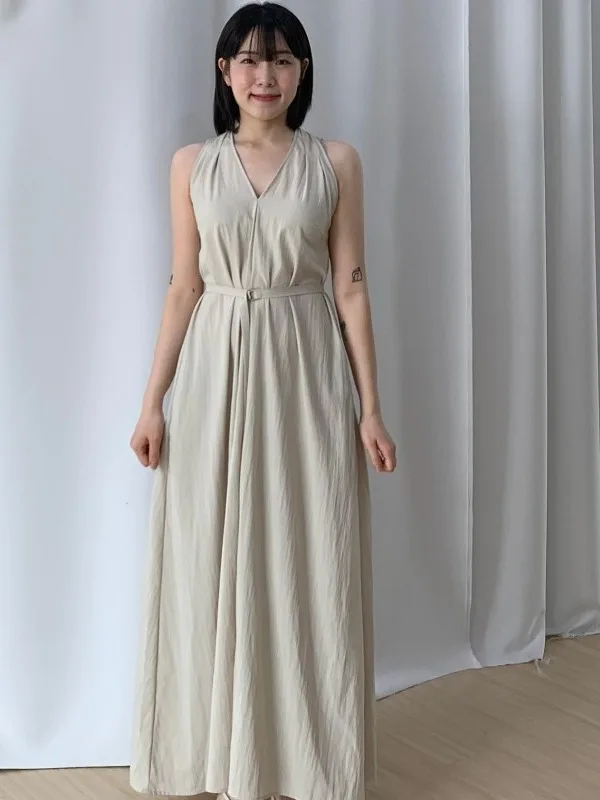 

Ele Bal Ne Hanging Vest Dr Women's Summer New Waist Cinching Pleated Long Skirt V-neline Svel Color
