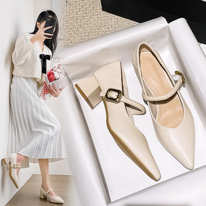 

Versatile Pointed Mid-high Heel Summer Elegant Chunky Mary Jane Shoes Baotou Solid Ladies Shoes Female Sandals Zapatillas Mujer