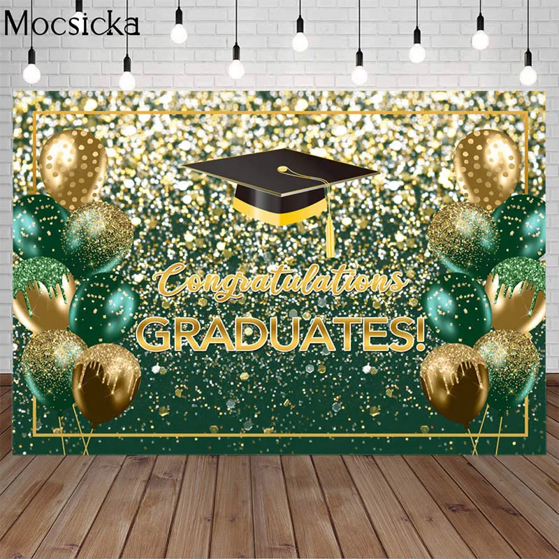 

Congratulations Graduates Photo Background Graduation Party Photography Backdrop Green Glitter Bokeh Balloons Bachelor Cap Decor