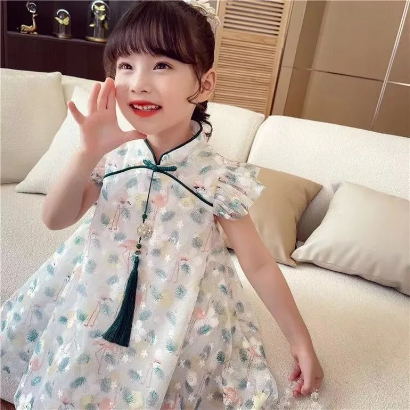 Kids Girls Dress Summer New Baby Qipao Fashionable Retro Tang Dress Children\'s Short Sleeve Flower Dress