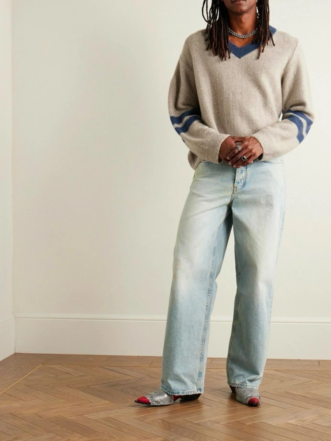 

American Retro Color Blo V-ne Men's Loose Casual Knitted Sweater ort Sle College Sle Long Sve Wool Blend Sweater