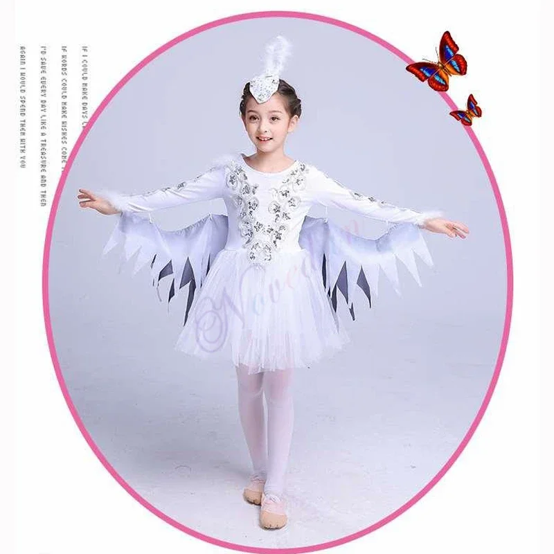 Kinder Vogel Kostüm Mädchen Weiß Ballett Tanz Kleid Tier Cosplay Halloween Vögel Fee Flügel Bühnenkleidung