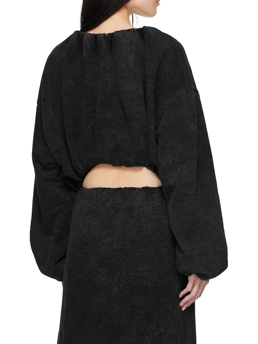 VGH Designer Slimming Folds Short Sweatshirts For Women V Neck Long Sleeve Spring Temperament Sweatshirt Female Fashion Style