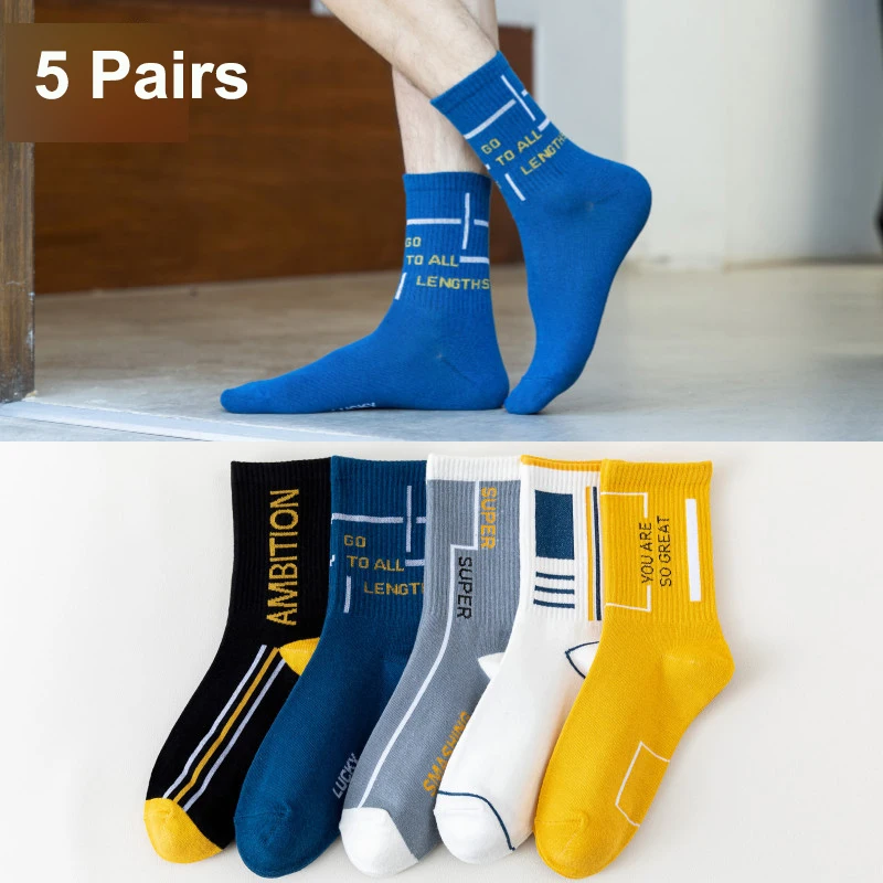 

5 Pairs Mid Tube Fashion Original Breathable Deodorant Cotton SOCK Youth Student High Top Sports Stockings