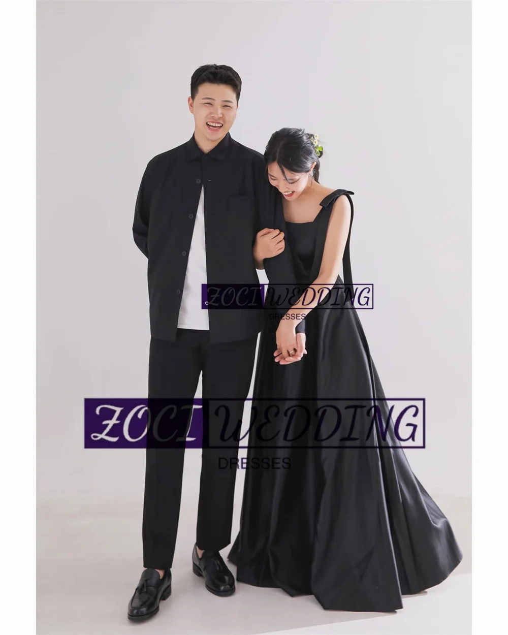 Zoci klasyczne czarne koreańskie suknie ślubne dostosowane szerokie ramiączka satynowa sukienka na zdjęcia ślubne sesja zdjęciowa suknia ślubna bez pleców