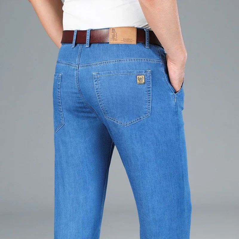 Men Summer Ice Silk Lyocell Slim Straight Jeans, Thin Elastic All Match Business Casual Denim Pants