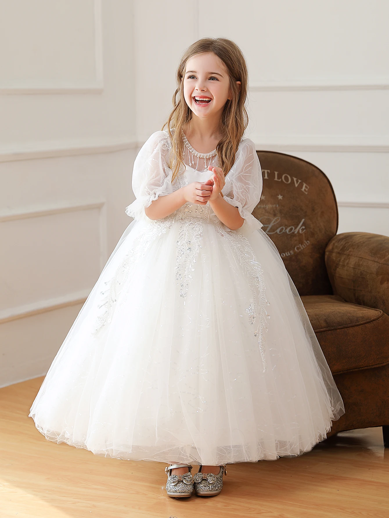 New Style Party  Dress Wedding Flower Frock  Bridal Ball Gown For Little Girl 7 Years