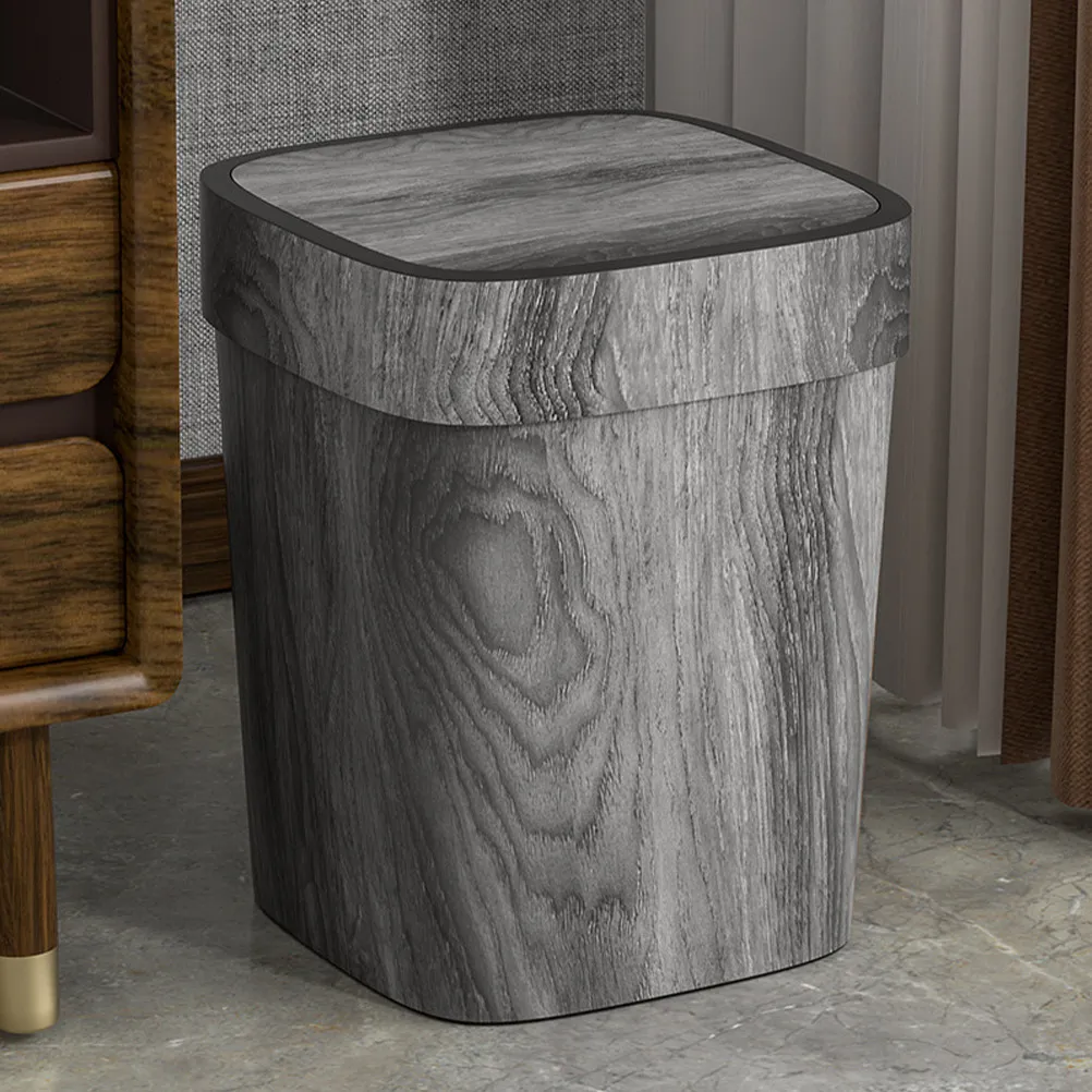 

Medium Capacity Retro Trash Can with Swing Lid Imitation Wood Grain Plastic Waste Container for Bathroom Living Room