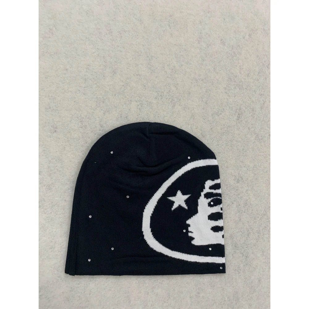 Unisex Rhinestone Decor Jacquard Knit Beanie Hat Star Figure Pattern Knitted Skullcap Y2K Streetwear Soft Warm Winter Headwear