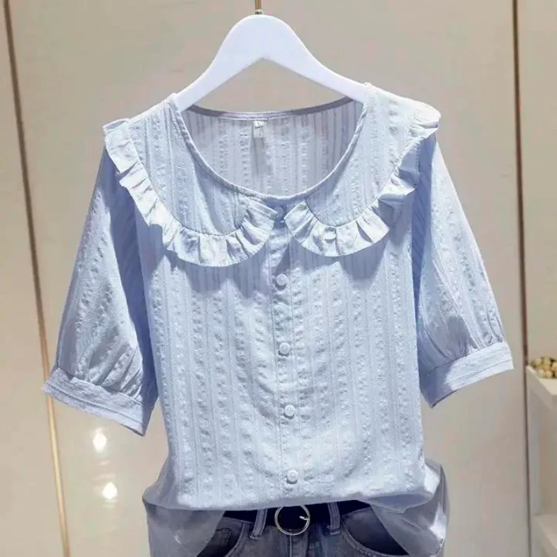 Summer New Solid Color Loose All-match Shirt Tops Short Sleeve Button Simplicity Casual T Shirts Sweet Fashion Women Clothing