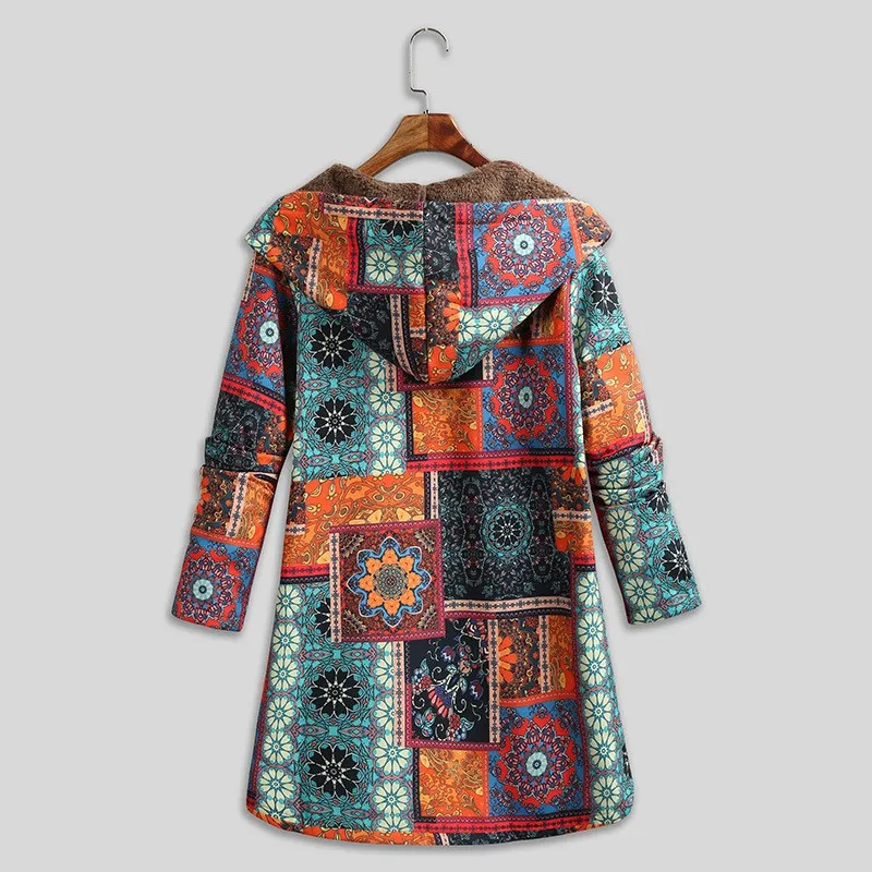 UHYTGF Jacket Women Long Sleeve Flower Print Plush Warm Vintage 5XL Large Size Outewear Ladies Mid-Length Autumn Coat Female2274