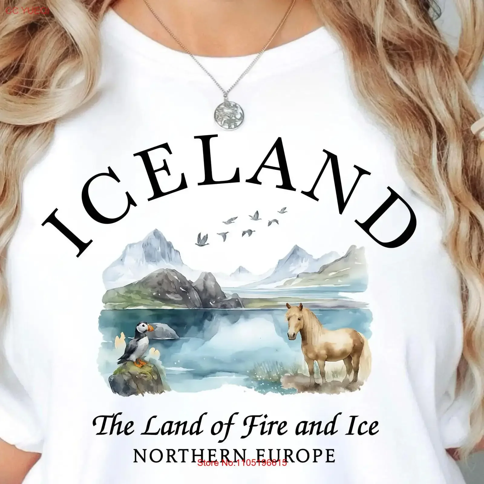 Iceland Watercolor Landscape T Shirt Puffin and Icelandic Horse Land of Fire Ice Nordic Nature Reykjavik Travel  vintage Unisex