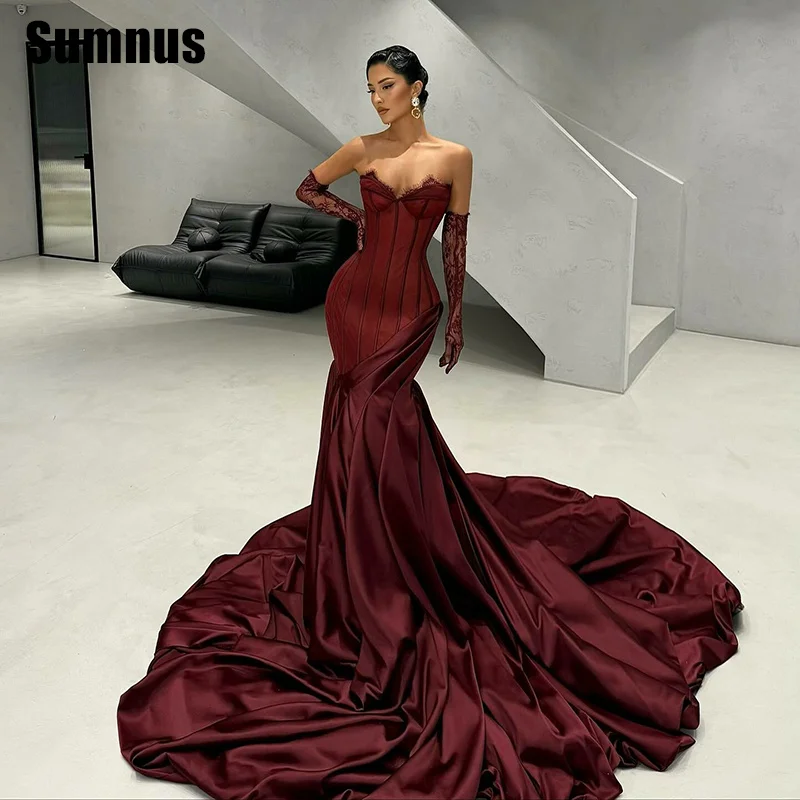 

Sumnus Elegant Mermaid Evening Dresses 2025 Sweetheart Pleats Lace Formal Dresses With Train فساتين سهرة Customized